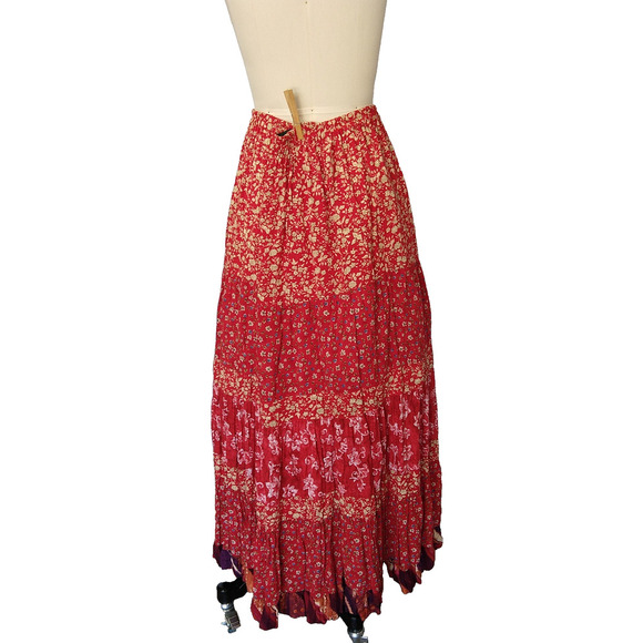 Anna Konya Vintage Red Floral Maxi Skirt One Size Tiered Hippie Bohemian - Picture 5 of 6